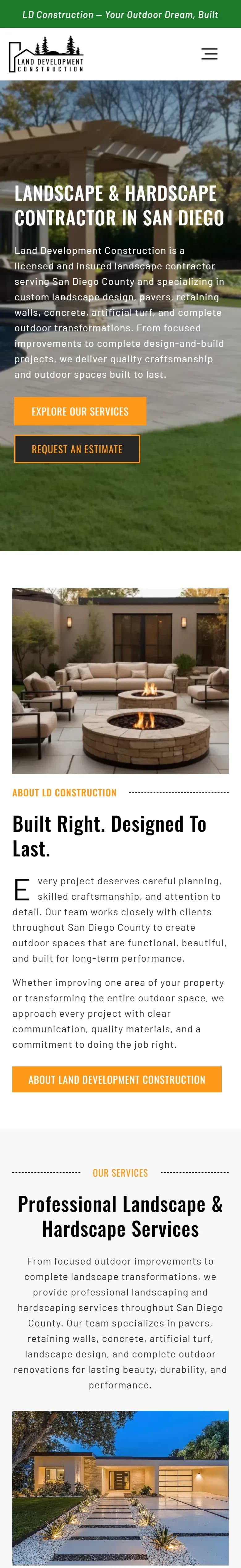 The Land Development Construction website on a phone