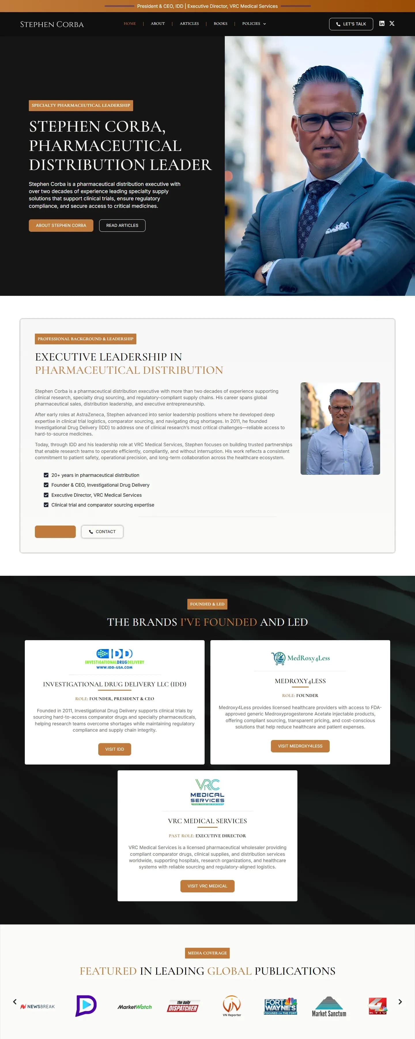 The Stephen Corba website on a desktop screen
