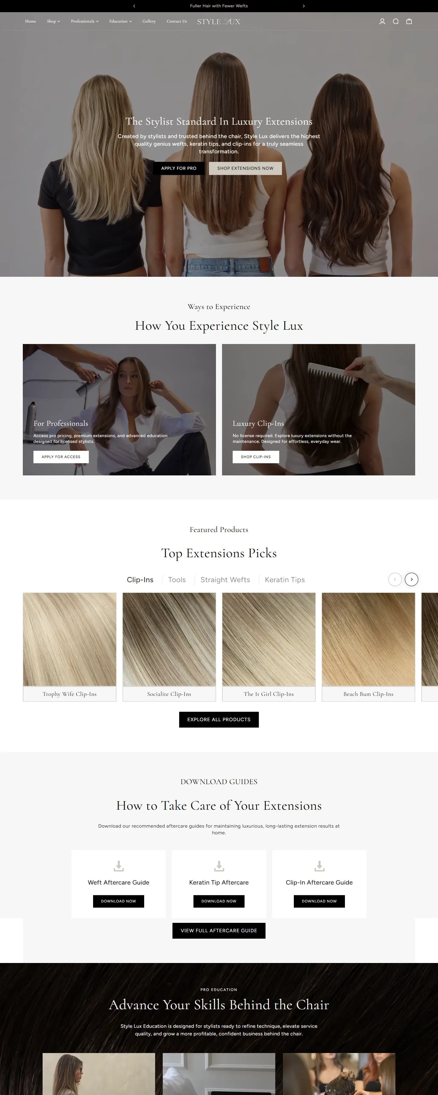 The Style Lux Extensions website on a desktop screen