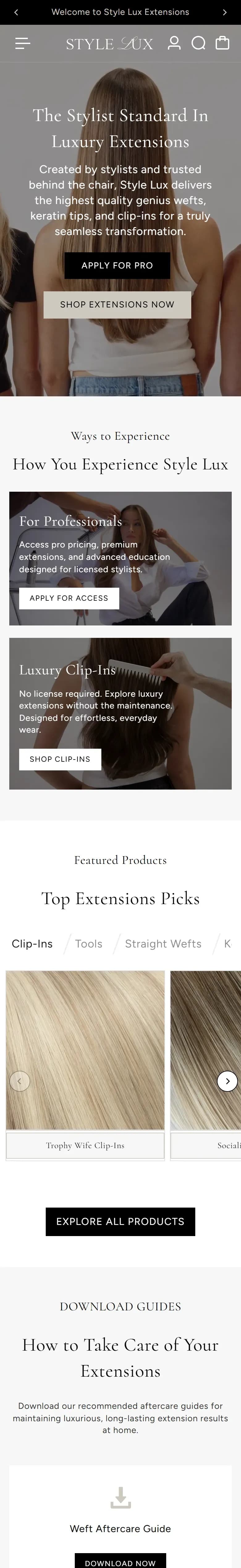 The Style Lux Extensions website on a phone