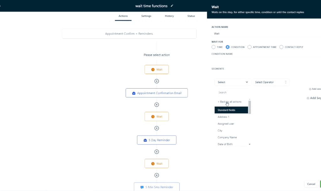 GoHighLevel workflow builder with wait steps between an appointment confirmation email and reminders