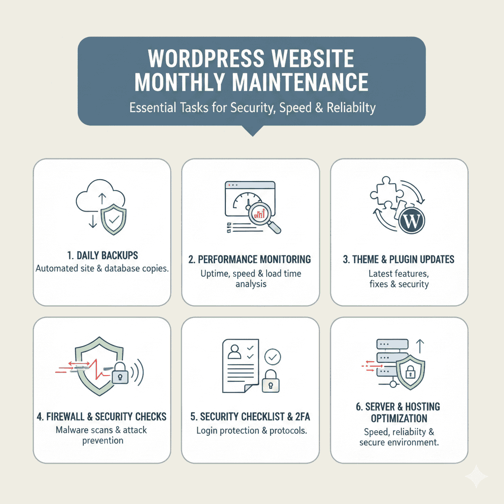 Infographic of six monthly WordPress tasks, from daily backups to security checks and hosting tuning