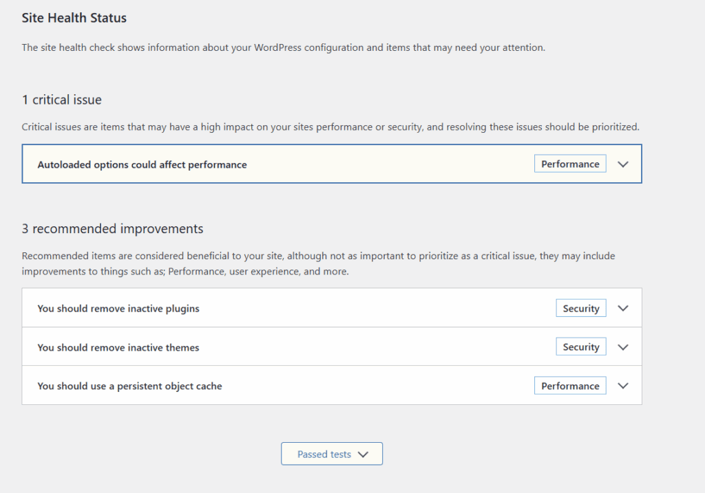 WordPress Site Health screen listing one critical issue and three recommended improvements