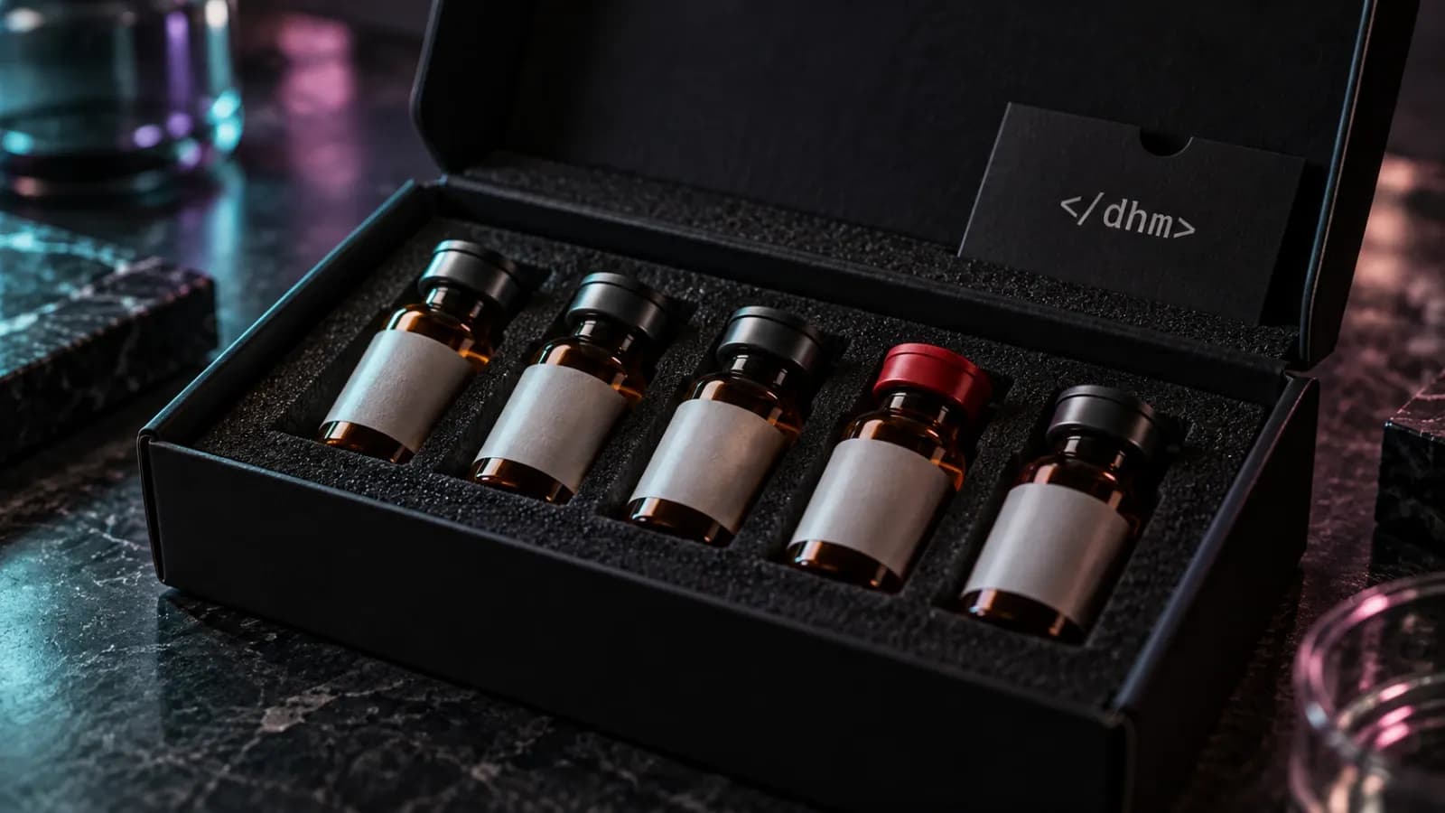 Amber research vials with blank labels in a black foam-lined case