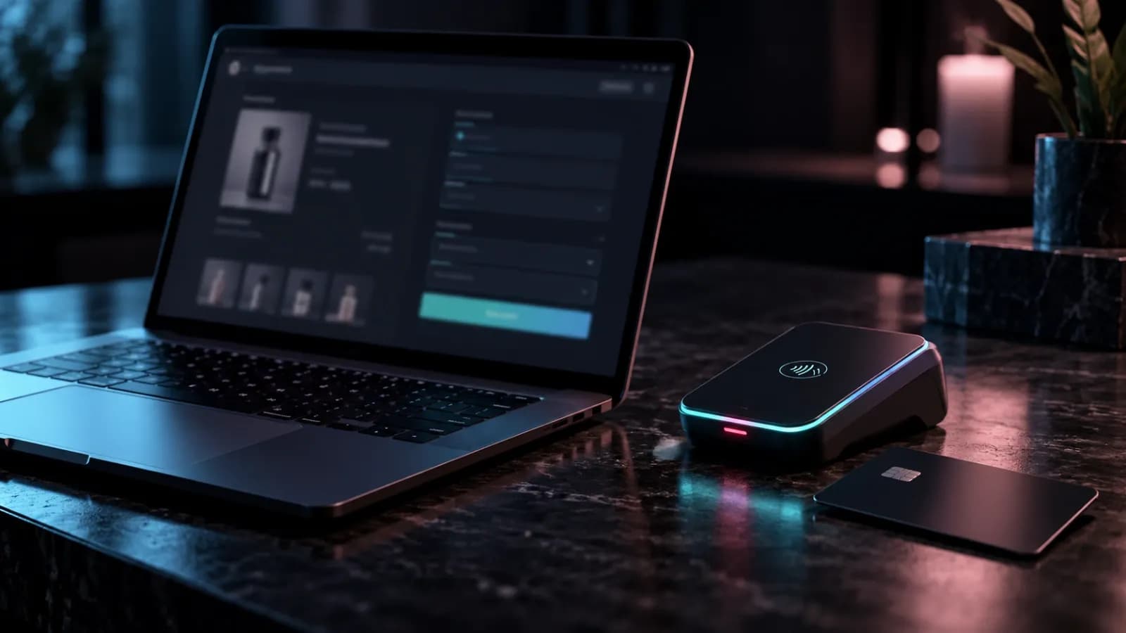 Laptop showing a checkout page next to a glowing contactless card reader and a black card