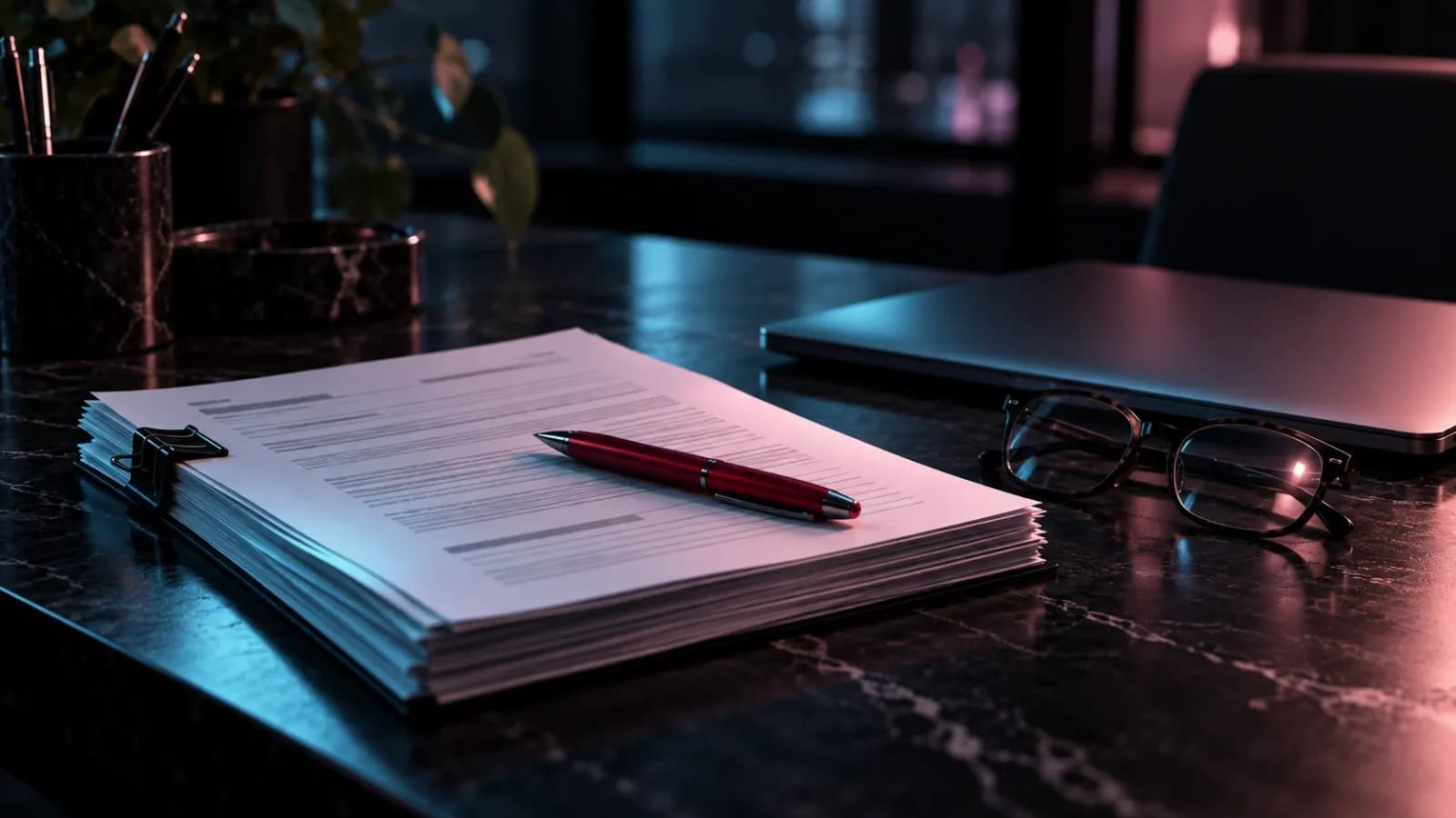 Stack of clipped policy documents with a red pen, reading glasses and a closed laptop