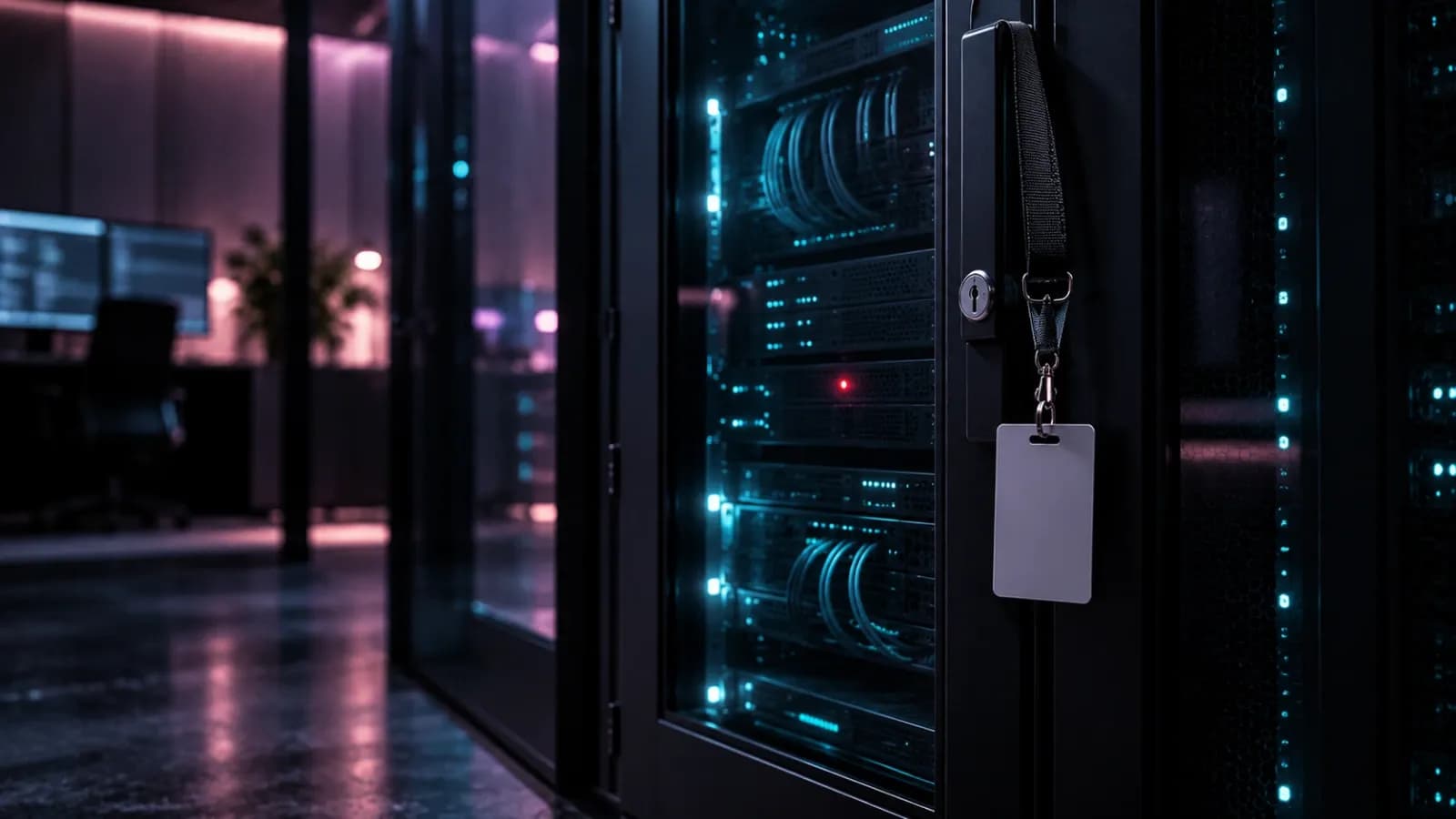 Locked server cabinet glowing teal, with a blank clinic ID badge hanging from its handle