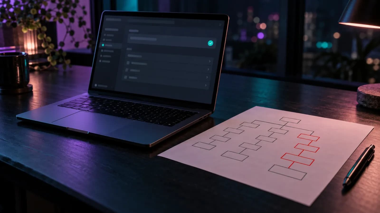 Laptop showing a settings page with a teal check, next to a printed site tree with one branch traced in red