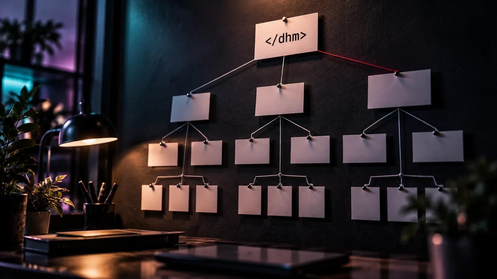 Index cards pinned in a tree hierarchy on a dark wall, linked by threads, with the DHM logo on the top card