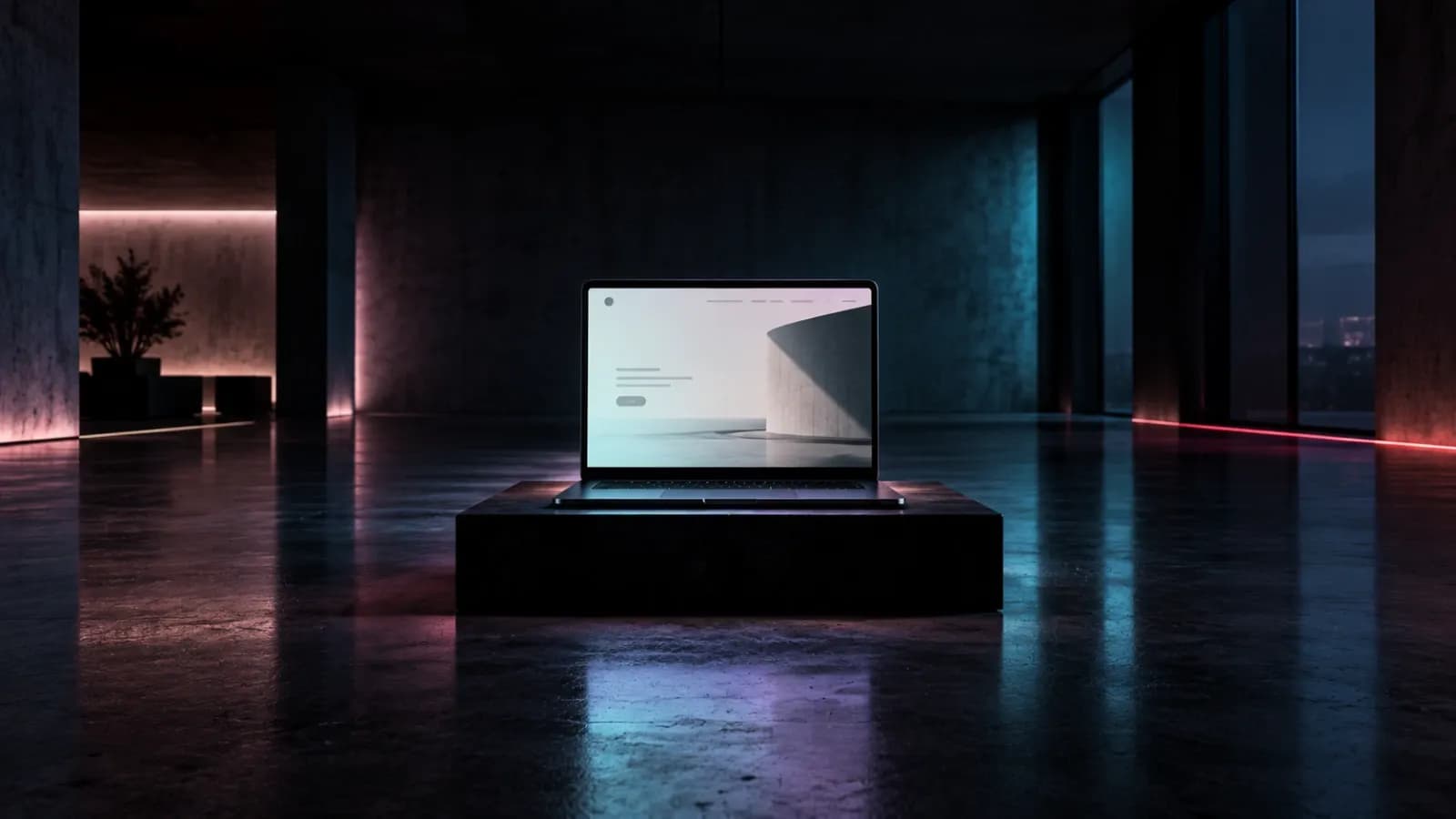 Laptop showing a nearly empty web page in the middle of a vast, dark, empty room