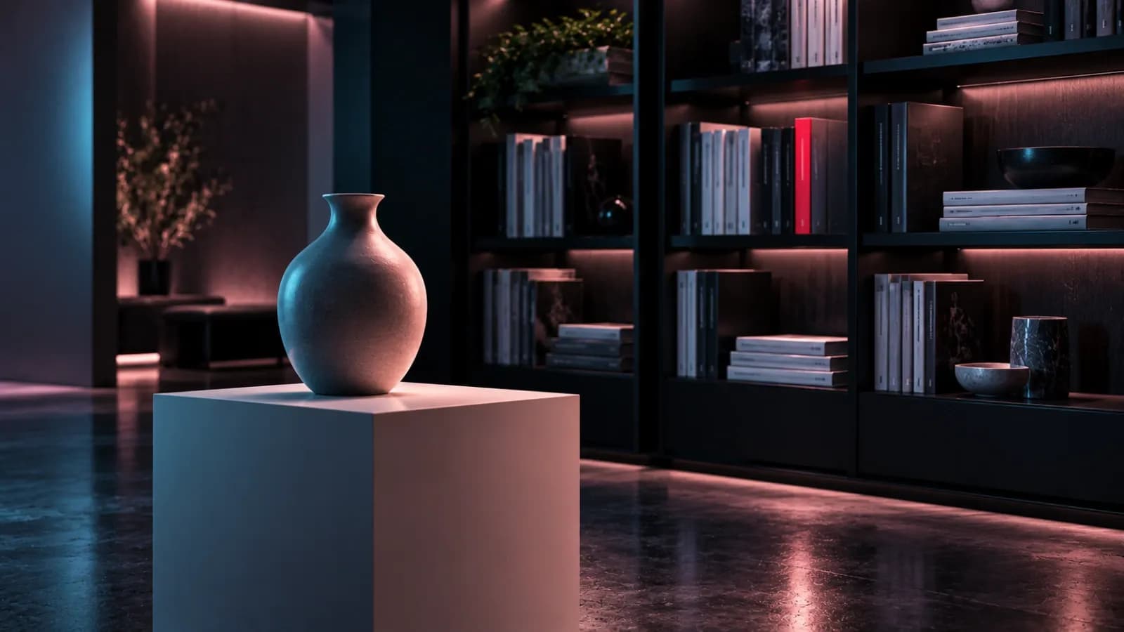 Ceramic vase on a white plinth in front of a dark bookshelf full of books and magazines