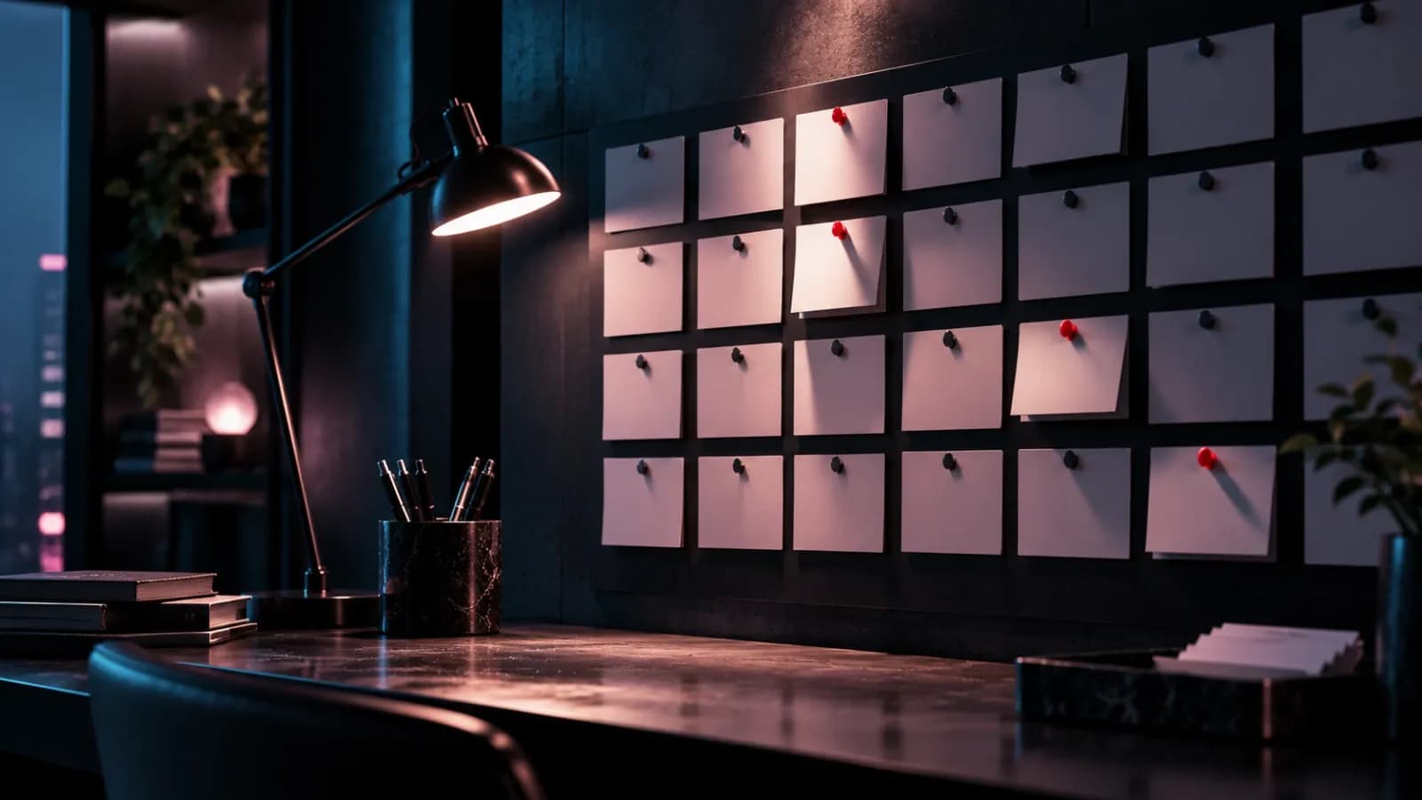 Wall of blank index cards pinned in a calendar grid, some marked with red pins, under a desk lamp